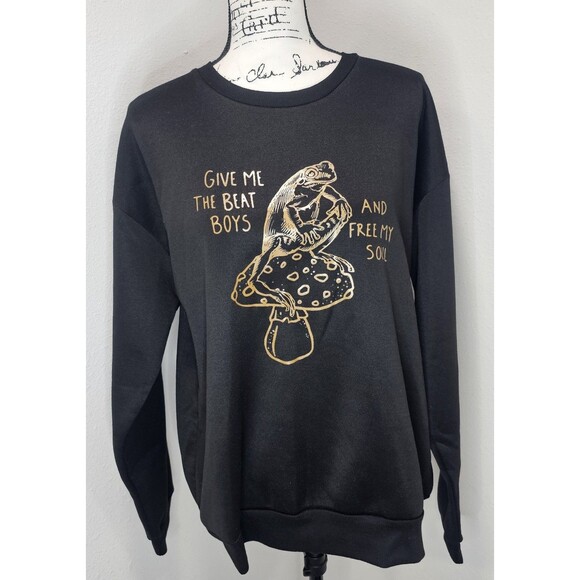Frog & Mushroom Give Me The Beat Boys Print Crew Neck Sweatshirt Black Size L - Picture 1 of 12